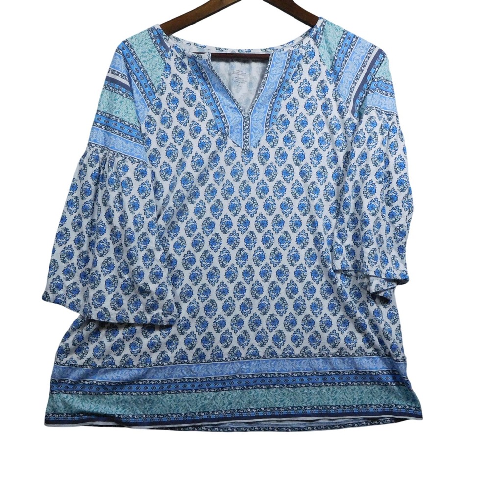 J Jill Pure Jill Womens MP Blue Cotton Tencel Split‎ Neck Tunic